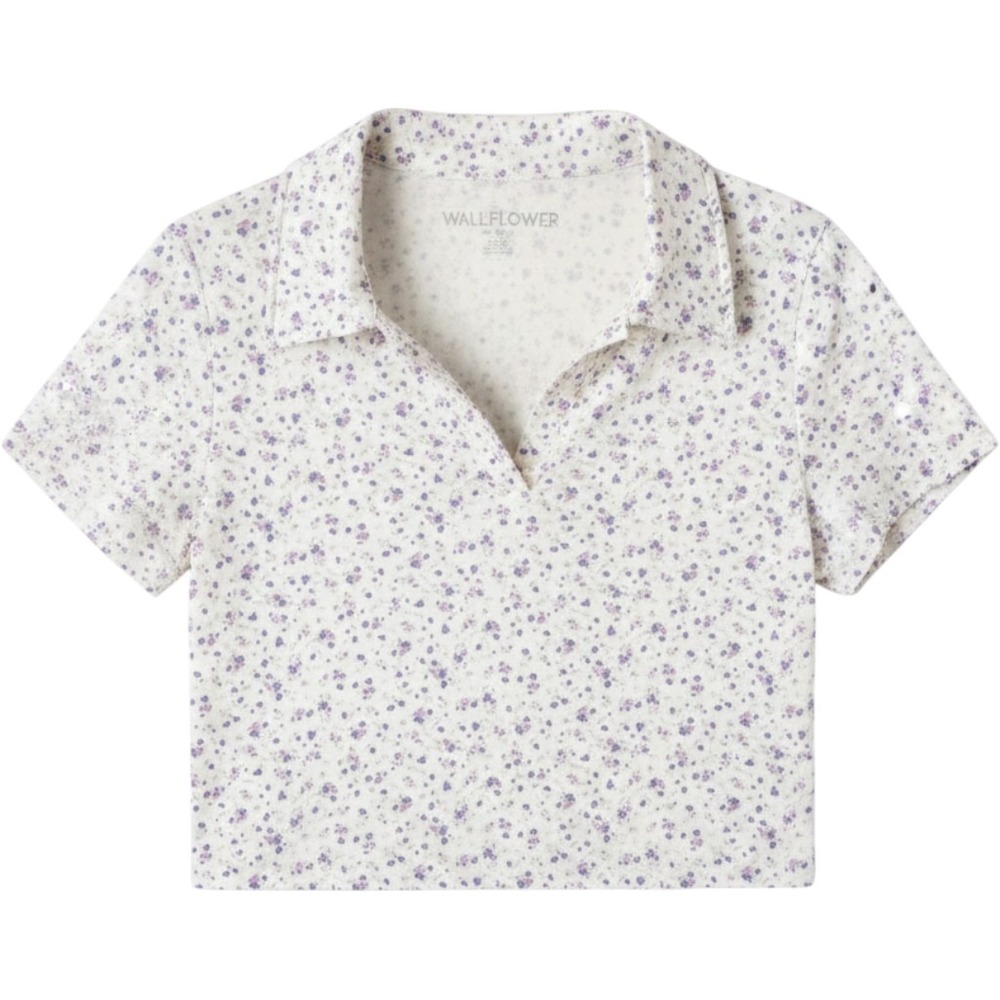 Wallflower Floral Cropped Polo Shirt Large Purple Ditsy Print V-Neck Top